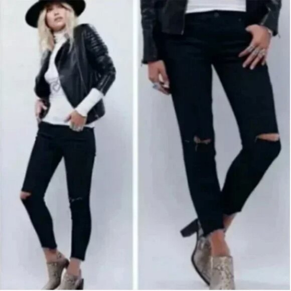Free People Black Distressed Raw Hem Ankle Skinny Jeans Size 28 - Picture 1 of 8